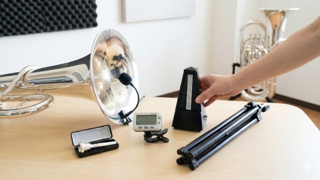 ユーフォニアム初心者が揃えるべきマウスピース、チューナー、メトロノーム、譜面台。