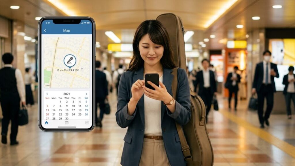 難波の地下街で、スマートフォンでボイトレ教室の予約を確認する日本人女性。仕事帰りの生活動線に組み込む様子。