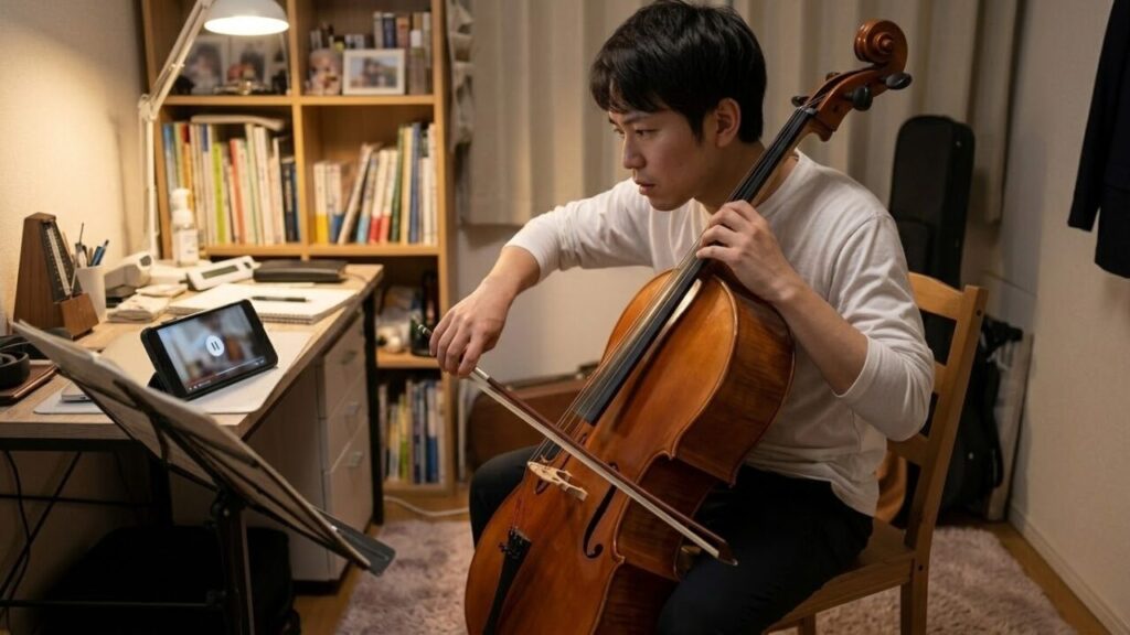 自宅で動画を見ながらチェロを独学するが、悪い癖(力み)がついて困惑する日本人の男性。独学の限界を表現。