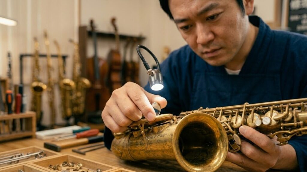 サックスのキーの隙間を明るい光で照らし、タンポの劣化やわずかな息漏れを厳しくチェックする専門家の手元。