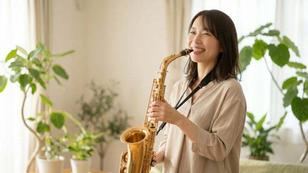 アルトサックスを選ぶ日本人女性。楽器店でアルトサックスを手に持ち、笑顔を見せる。初心者におすすめの理由を表現。
