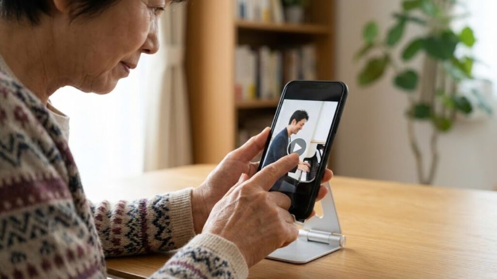 シニアの日本人がスマートフォンの画面をタップし、オンラインのピアノレッスン動画を再生しようとしている様子。