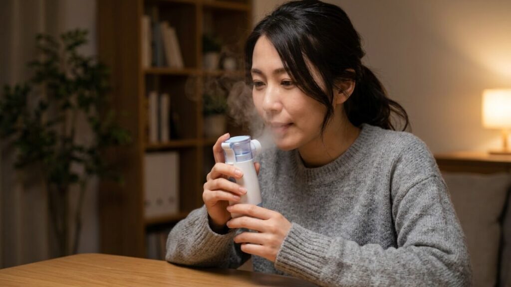 喉の保湿ケアとして、携帯型吸入器から出るミストを吸入する日本人女性ボーカリスト。