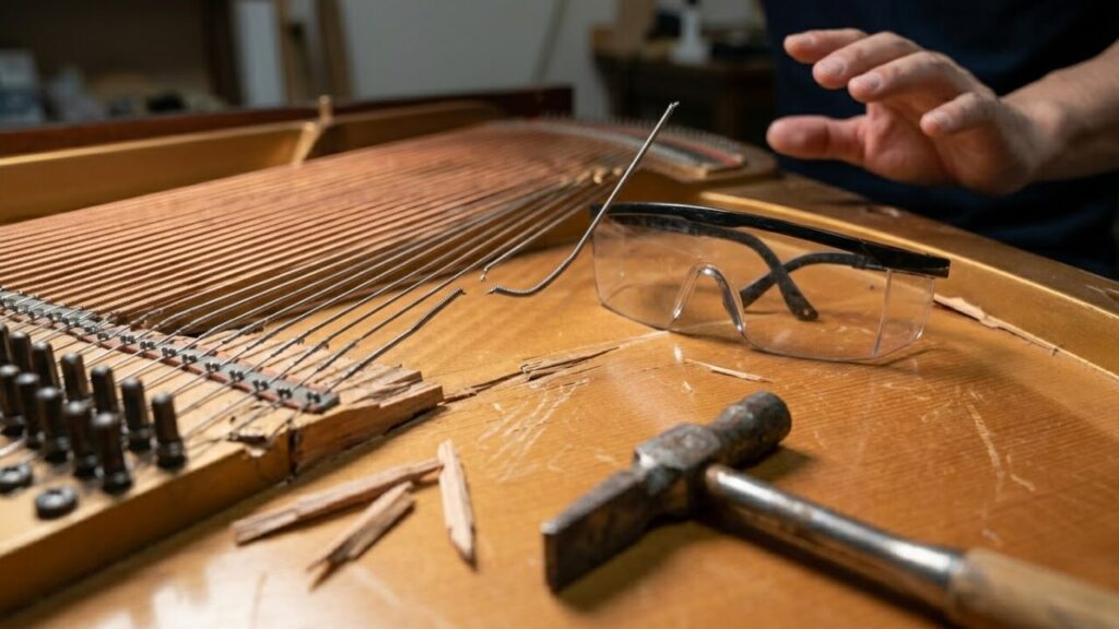 素人が誤って調律を行おうとした結果、強大な張力（約90kg）に耐えきれず突然切れたピアノ線。硬質な金属弦がムチのように弾け飛ぶ様子と、近くに置かれた破損した工具が危険性を物語っている。