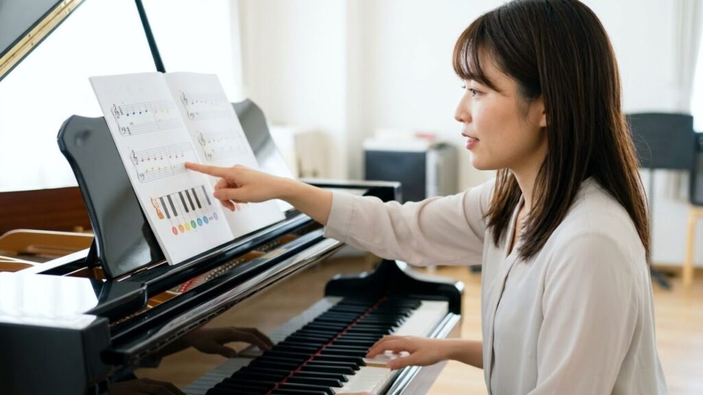 ピアノの楽譜にある音符と鍵盤の図解を指差しながら、論理的に読譜を学ぶ大人の日本人女性。初心者向けの教材。