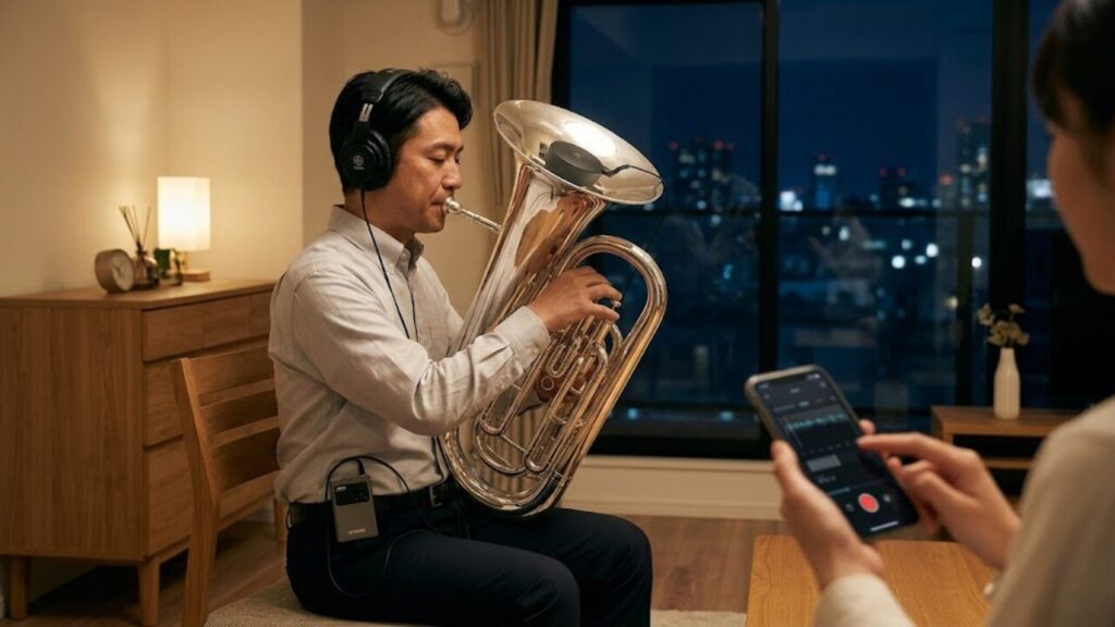 アパートの自室で夜間にサイレントブラスシステムを装着して練習する、日本人男性。