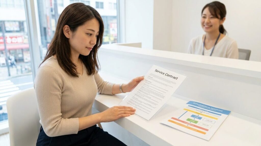 大阪の音楽教室で、透明性の高い料金プランを真剣に確認する日本人女性。コストパフォーマンスと信頼性を重視する様子。