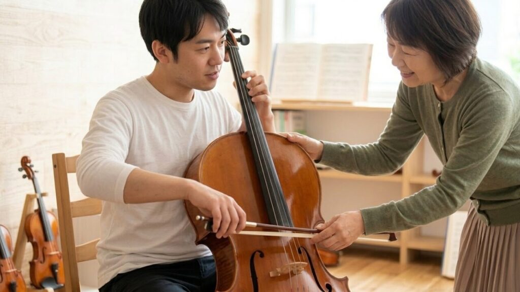 音楽教室で日本人女性講師から、正しいチェロの弓の持ち方を直接指導される大人の生徒。プロの視点による最短ルートでの上達を表現。