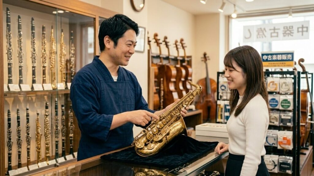 明るく清潔な管楽器専門店で、専門知識を持つ日本人店員から、メンテナンス済みの良質な中古サックスについて笑顔で説明を受ける日本人女性。
