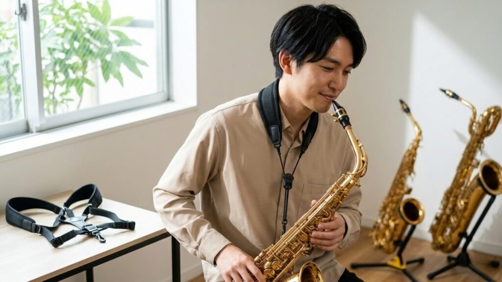 身体的負担を軽減する高品質なバードストラップとアルトサックスを持つ日本人男性。機材選びの重要性を示す。