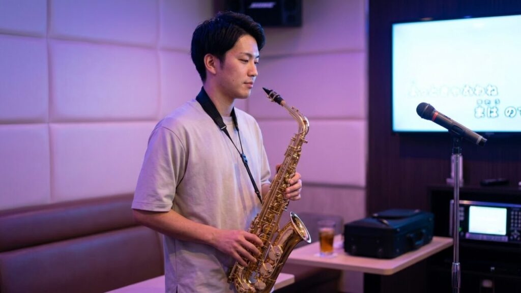 カラオケボックスでサックスを練習する日本人男性。薄暗い室内で楽器を持ち、集中して演奏する様子。練習場所の一例。