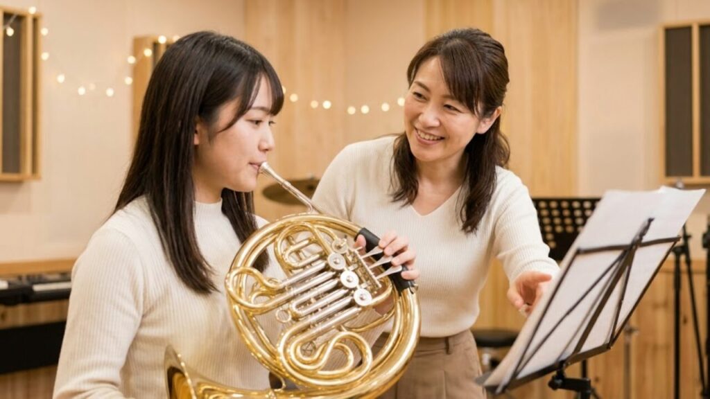 椿音楽教室の講師(右)からマンツーマンでホルンの指導を受ける生徒(左)。安心感のあるプライベートレッスンのイメージ。