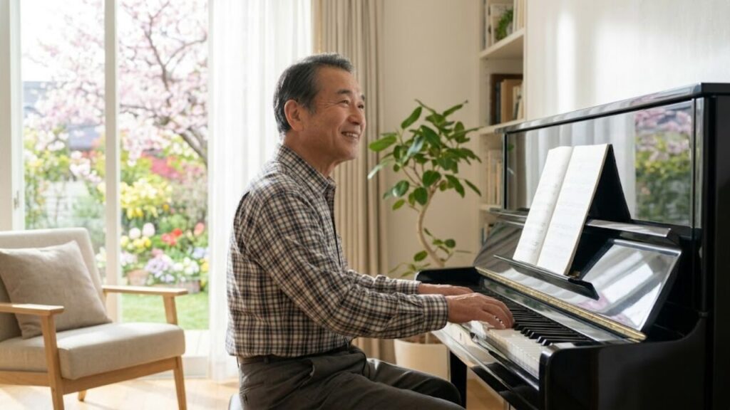 シニアの日本人が明るいリビングルームでピアノを演奏し、満ち足りた笑顔を見せる様子。豊かな人生を象徴する。