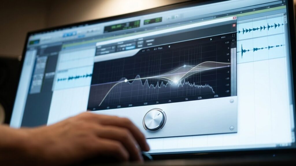 PC画面に表示されたサチュレータープラグインの画面。倍音（ハーモニクス）が新規生成され、声に艶が足される様子。