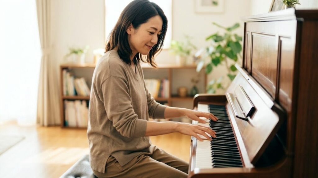 自宅でピアノを弾く日本人女性。両手を独立して動かし、楽譜を読み、音を聴くプロセスが脳の前頭前野を活性化させ、素晴らしい脳トレになっている様子