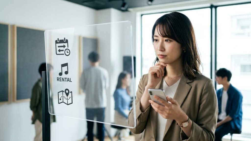 大阪のモダンな音楽スタジオで、シアーミュージックと椿音楽教室の特徴を比較検討する日本人女性。自分にぴったりの教室を探す様子。