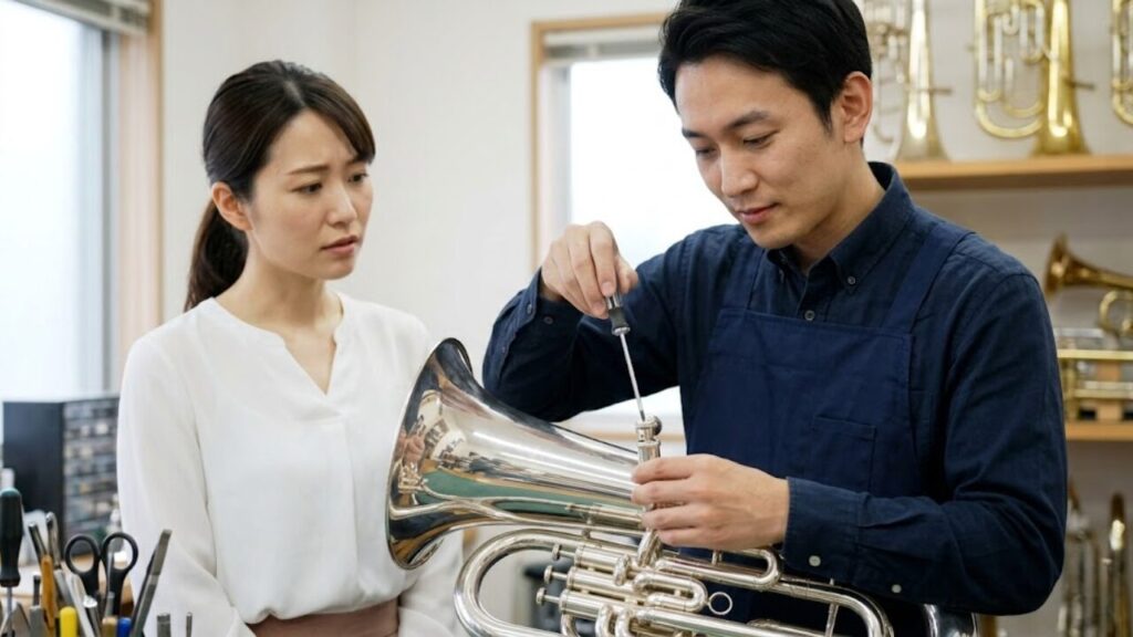 楽器修理工房で、日本人技術者が動かなくなったユーフォニアムのピストンを丁寧に修理する様子。