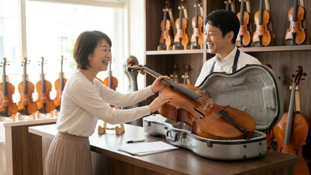 楽器店でチェロのレンタル手続きを完了し、初めての楽器を受け取る日本人の女性。初期費用を抑える賢い選択を表現。