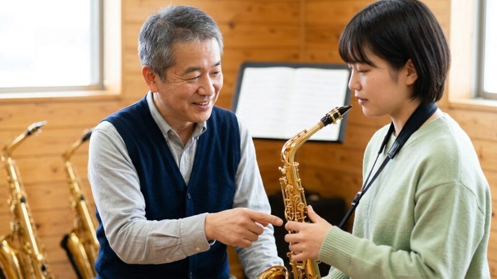 音楽教室で日本人男性講師からアルトサックスの直接指導を受ける日本人女性生徒。独学の限界を乗り越える。
