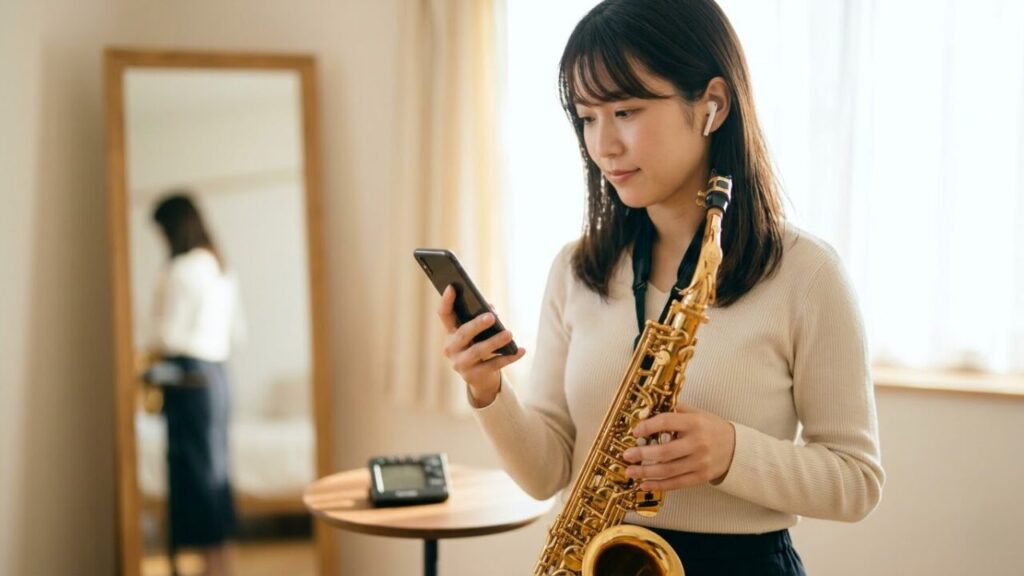 スマホでサックス演奏を録音する日本人女性。室内で楽器を持ち、スマホを操作してセルフフィードバックを行う様子。