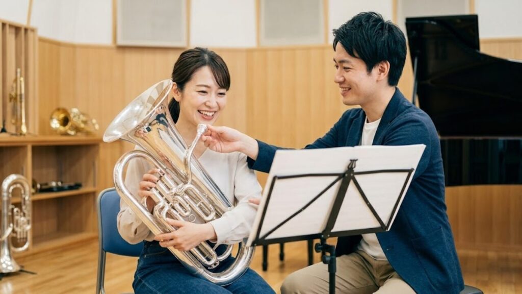椿音楽教室の個別スタジオで、日本人講師からユーフォニアムのマンツーマンレッスンを受ける、笑顔の大人の女性初心者。