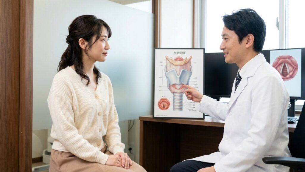 声の悩みについて、専門の音声外来（クリニック）で日本人医師の診察を受ける日本人女性。