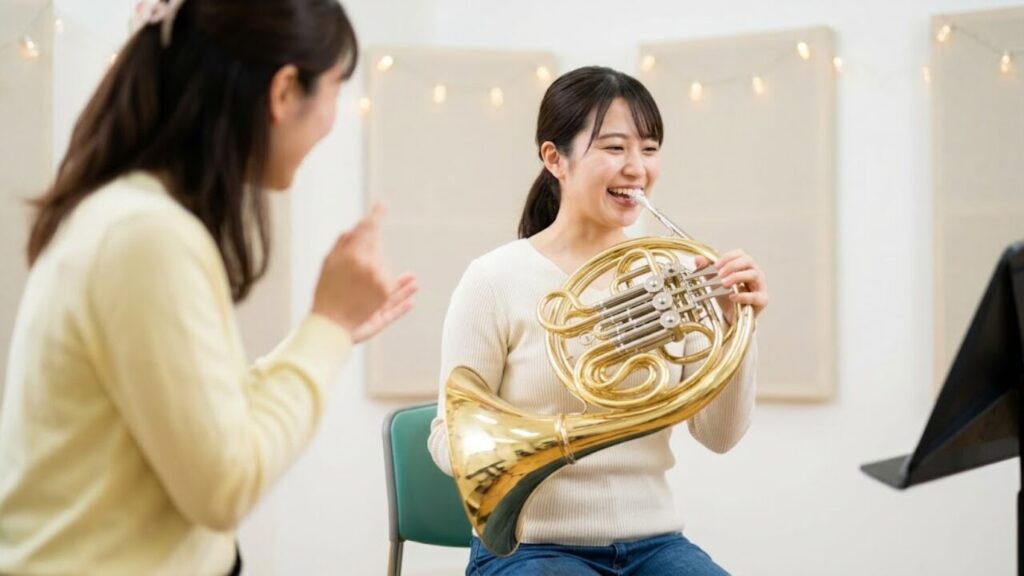 音楽スタジオで、笑顔で初めてホルンを吹く日本人の初心者女性。無料体験レッスンのイメージ。