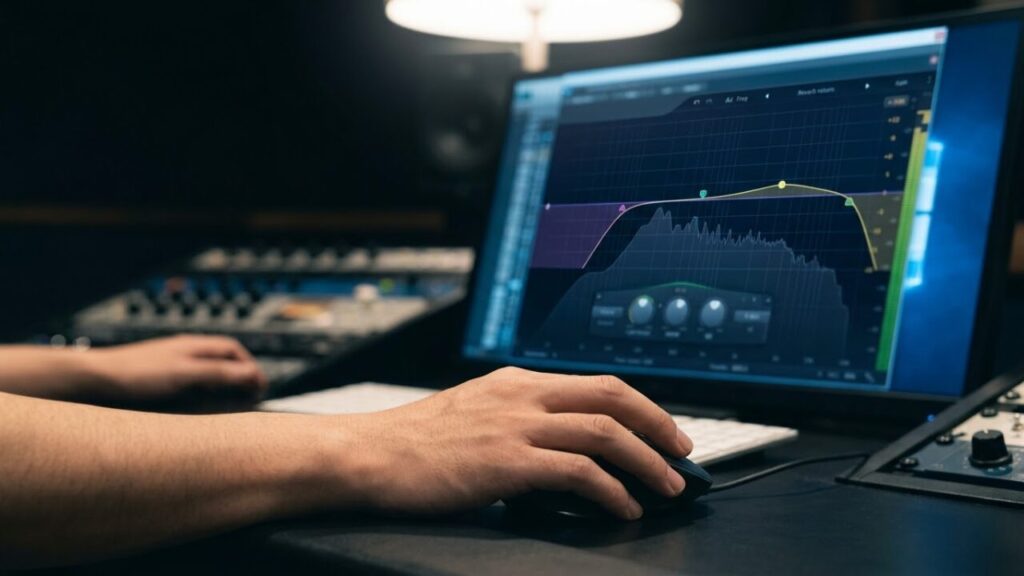 PC画面に表示されたリバーブ用EQの画面。リバーブ成分の低域と高域をカットし、空間処理による濁りを防ぐ様子。