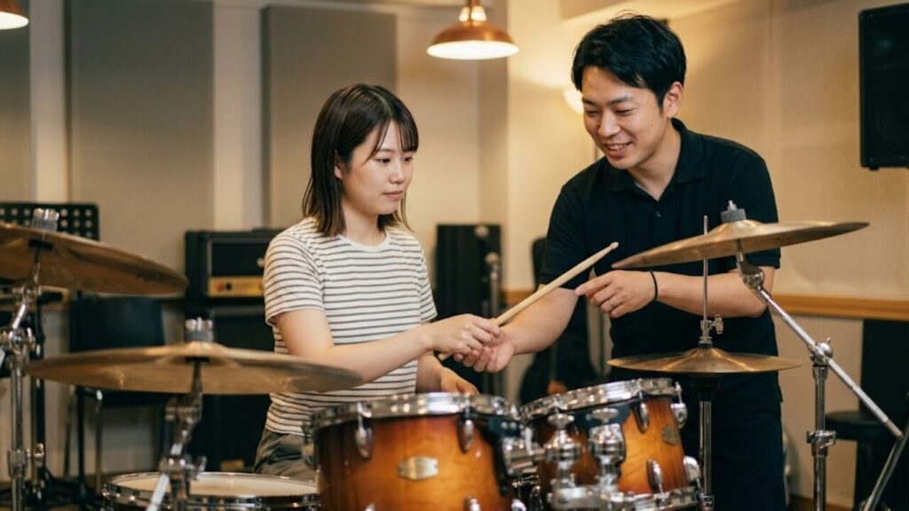 プロの音楽スタジオで、椿音楽教室の日本人講師からマンツーマンでドラムレッスンを受ける、日本人の若い女性生徒。生ドラムの正しいフォームとテクニックを学ぶ。