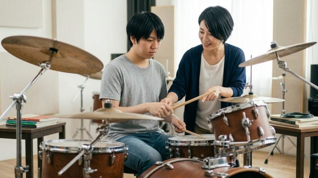 音楽スタジオで、プロの女性講師からドラムスティックの持ち方の直接指導を受ける日本の初心者ドラマー（画像1と同じ人物）。マンツーマンレッスンでフォーム矯正を行う様子。