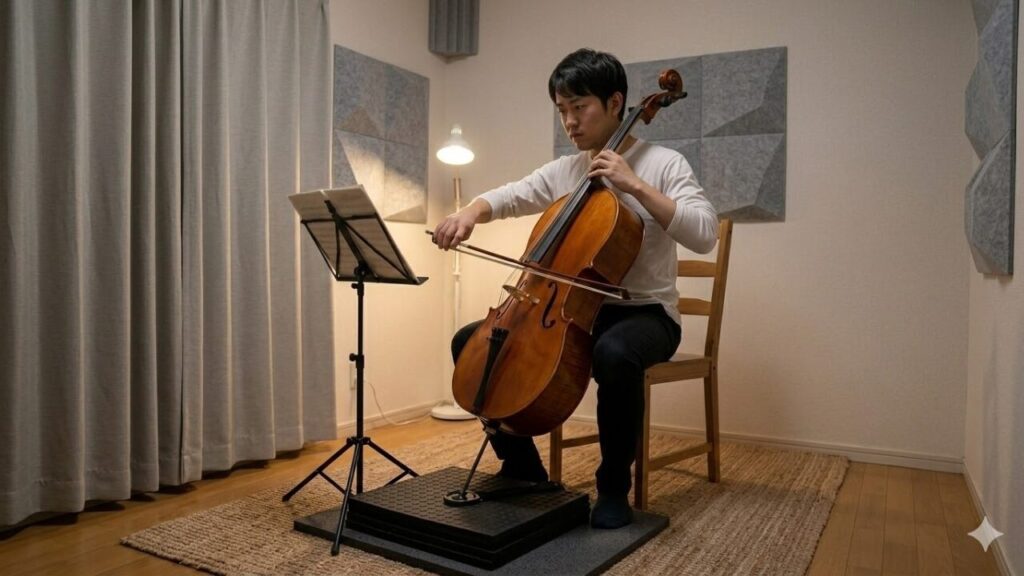 マンションの部屋で、防振マットや吸音材、防音カーテンなどの騒音対策を施した環境でチェロを練習する日本人の男性。自宅での具体的な防音環境を表現。