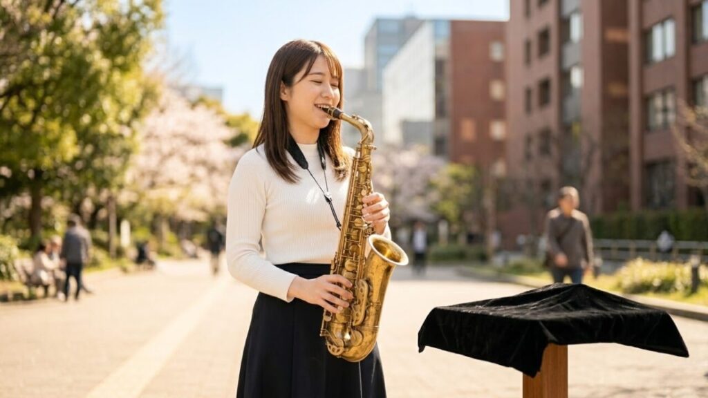 自分にぴったりのサックスを手に入れ、明るい陽光の中で楽しそうに演奏する日本人女性。彼女の表情は満足感と自信に満ちている。