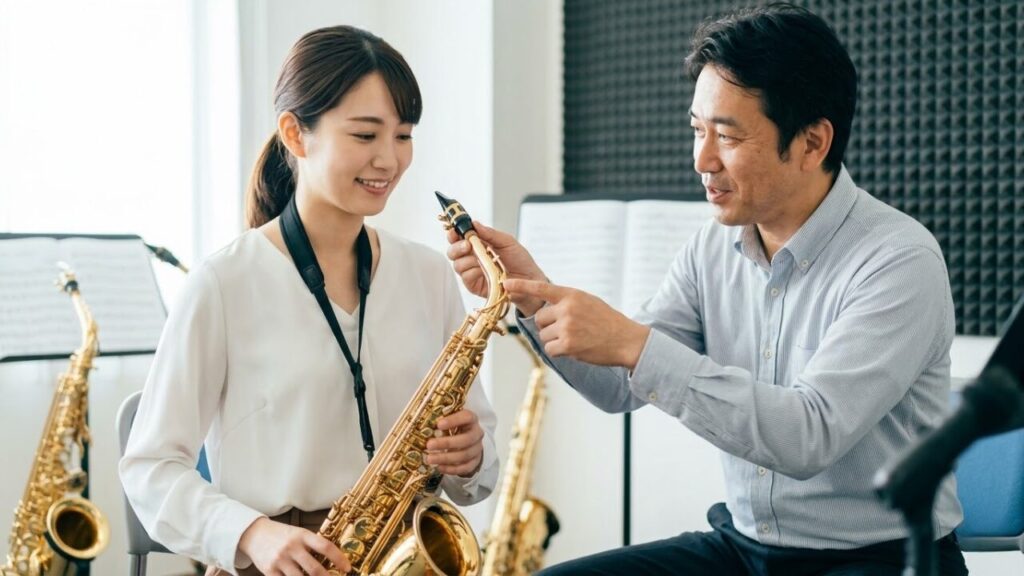 プロのレッスンを受ける日本人女性。音楽スタジオで講師からサックスの指導を受け、上達のコツを学ぶ。レッスンの活用。