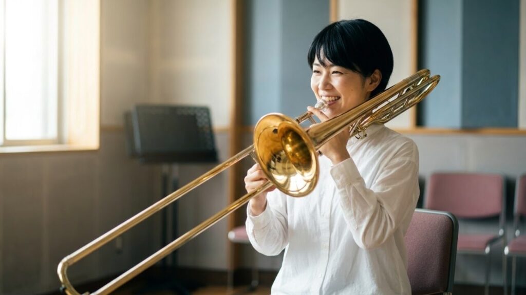 笑顔でトロンボーンを吹く日本人女性