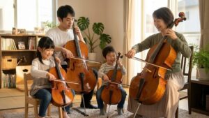 ブログ記事「チェロは何歳から始める？」のアイキャッチ画像。分数チェロと大人の練習、防音対策といった記事の要素を組み合わせたデザイン。