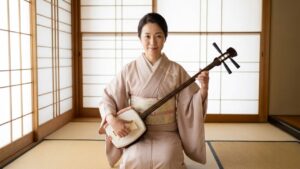 和室で三味線を構える大人の日本人女性