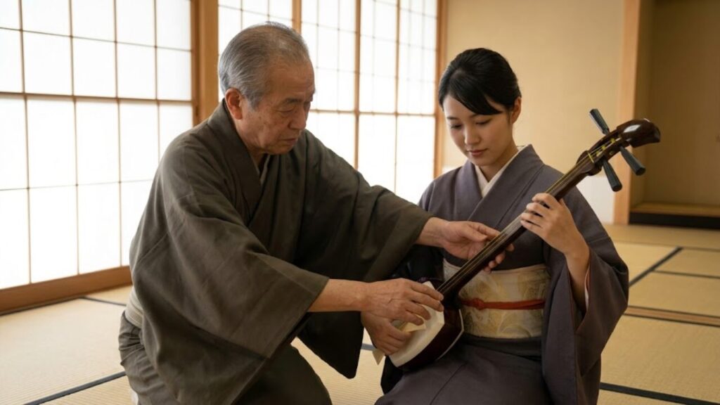 和室で生徒に三味線の指導をする日本人講師
