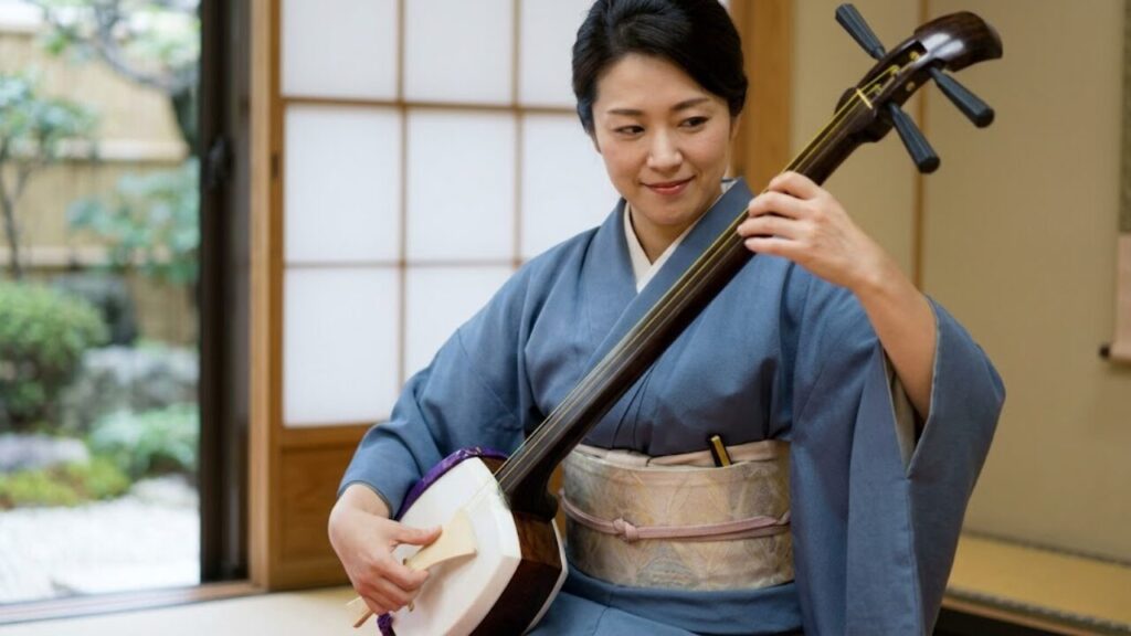 身体全体を使って三味線を演奏する日本人女性奏者