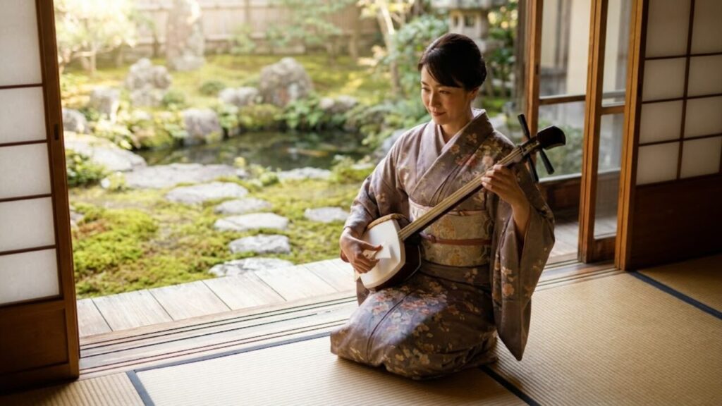 和室の縁側で三味線を演奏する日本人女性
